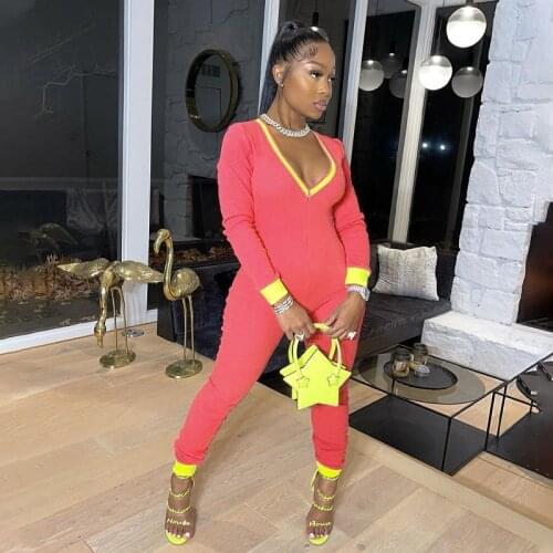 2021 Workout Active Wear Jumpsuits Winter Long Sleeve Patchwork Zip Up Ribbed V-neck Playsuits Woman Sexy Lounge Wear Overalls