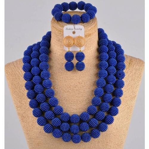 24 inches long necklace royal blue african jewelry set simulated pearl beads nigerian wedding costume necklace for women FZZ06