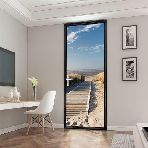 Imitation 3D door stickers across the landscape beach blue sky home wooden door renovation decorative wall stickers