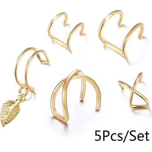5Pcs/Set Ear Clip Gold Cartilage Punk C Shape Cross Leaf Clip On Earrings for Women Ear Cuff No Pierced Ear Wrap Earcuff Clips