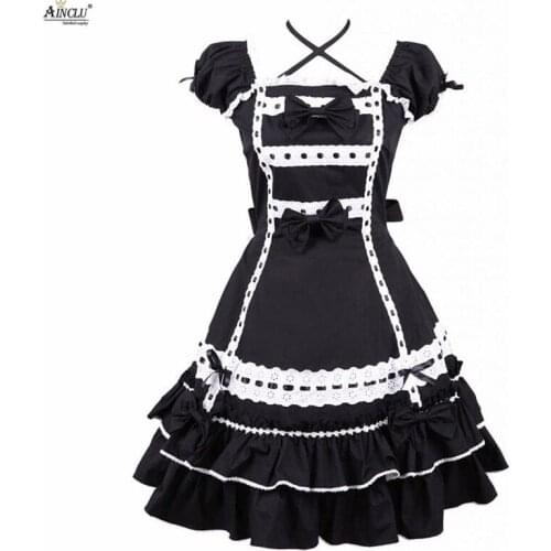 Ainclu Cemavin Womens Girls New Arrival Cotton Black Bows Classic A-line Lolita Dress with Sling White Lacy Free shipping