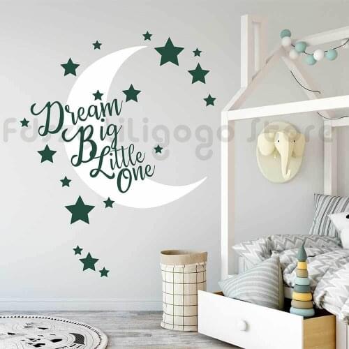 Moon and Stars Nursery Decor Removable Vinyl Baby Room Wall Stickers Lettering Dream Big Little One Bedroom Home DecorQ990
