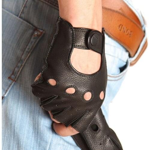Men Genuine Leather Half Finger Gloves 2020 NEW Semi-Finger Breathable Male Deerskin Glove Wrist Buttons Driving EM001W