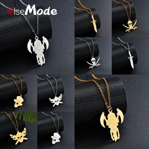 ELSEMODE Punk Gold Color Skull Pendant Necklace Stainless Steel Pirates Sword Skeleton Knife Necklace For Man Biker Jewelry