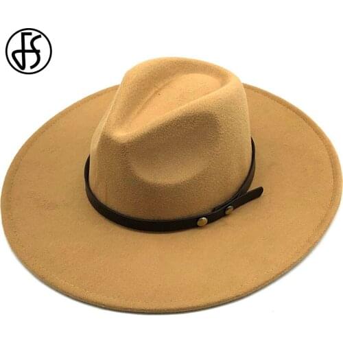 FS 2020 Winter Wool Solid Fedoras Cap For Men Women Panama Jazz Hat Wide Brim Big Church Hats With Leather Ribbon Chapeau Femme