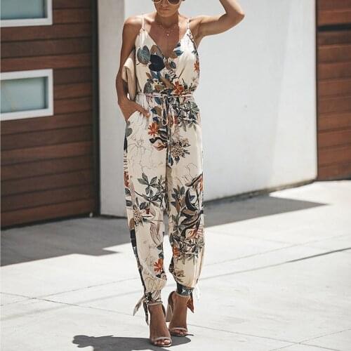 Summer Womens Fashion Casual Sleeveless Holiday Boho Floral Printed V-neck Belt Loose Long Pant Trousers Overalls Jumpsuit#g3
