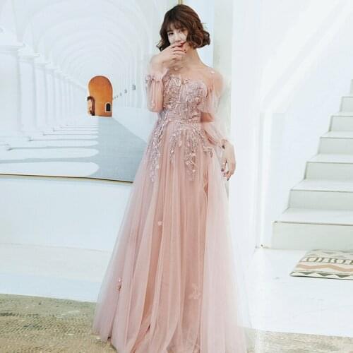 Sweet Pink Illusion Appliques Prom Dresses Long See Through Tulle Evening Gown Long Sleeve Transparent Vestidos De