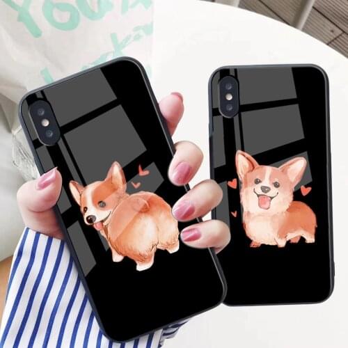 Cute Corgi luxury glass Soft Silicone Case For iPhone 7 6 6S 8 Plus X xs xr 11 12 pro max Sexy Cartoon Dog Ass Black Phone Cover