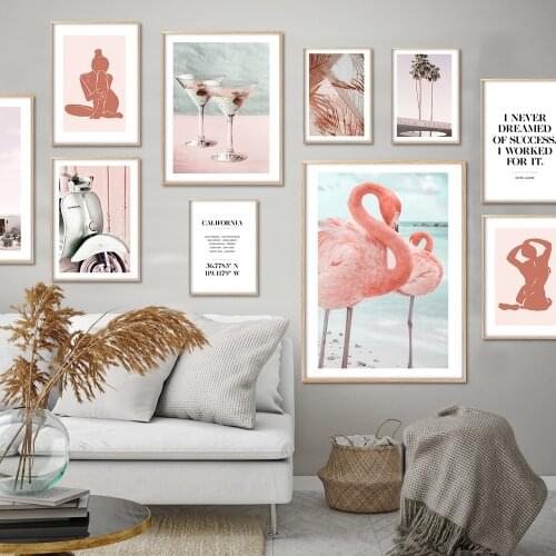 Pink Beach Flamingo Palm Tree Nude Woman Line Wall Art Canvas Painting Nordic Posters And Prints Wall Pictures For Living Room