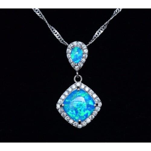 Ocean Blue Fire Opal Pendant Necklace with Free Wave Chain