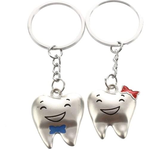 Lovers Pair Bowtie Accent Cartoon Tooth Pendant Keyrings Keychains Silver-color Tone