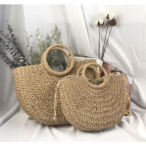 Summer Beach Bag Women Bohemia Large Capacity Handbag Large Capacity Handmade Handle Bag Half-Round Rattan Travel Bags Pouch sac
