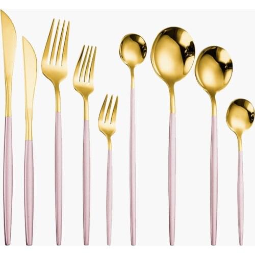 Pink Gold Cutlery Set Stainless Steel Tableware Western Fork Knife Spoon Set Kitchen Flatware Golden Dinnerware Set Dropshopping