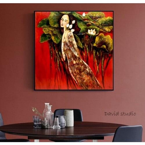 Hand Pained Knife Painting Abstract Art Lady with Lotus in Vietnamese Art for Living Room Wall Decoration