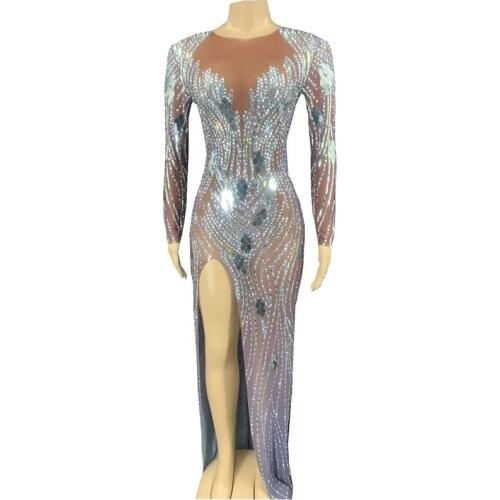 Silver Mirror Stones Dress Sexy Transparent Evening Long Dress Birthday Celebrate Mesh Outfit Dancer Singer Costumes YOUDU