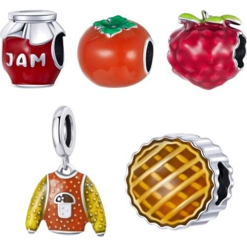 BISAER 925 Sterling Silver Sweet Charms Pumpkin Pie Jam Tomato Stawberry Charms Bead Fit Bracelets DIY Jewelry Making EFC483