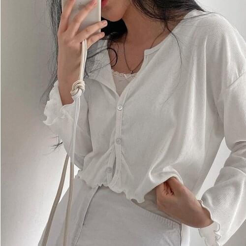 Y2k Cropped T-shirt Single Breasted Cardigans Long Sleeve Knitted Tee Women Korean Streetwear Transparent Crop Top 2021