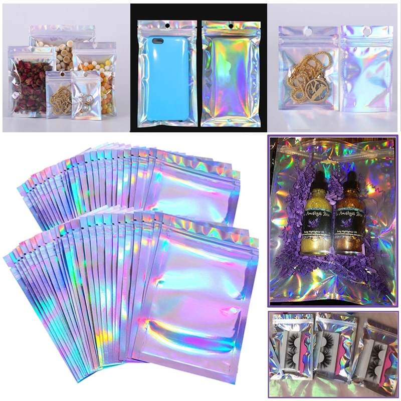 Eyelashe Package In Bulk Holographic Laser Zip Bag Necklace Storage Custom Brand Logo Sticker Wholesale Idea Gift Packaging