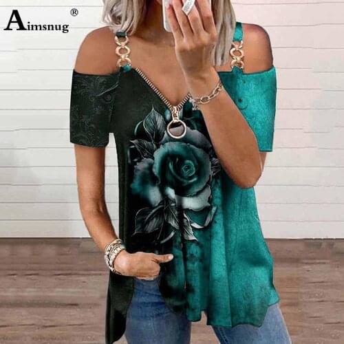 Plus Size 4xl 5xl Ladies Fashion Zipper T-shirt Model Flower Print Womens Top Summer Metal Strap Tees shirt Femme Clothing 2021