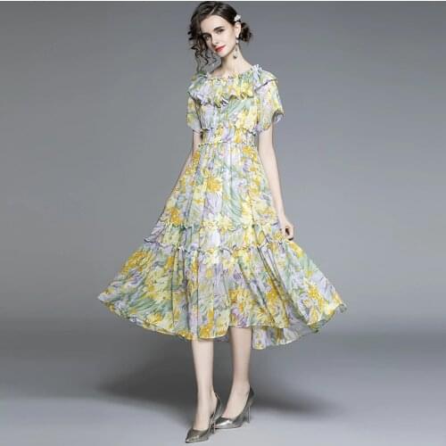 Women Vintage Chiffon Floral Dress Summer Runway Elegant Korean Party Dress Fairy Boho Retro Casual Vacation Midi Dress k8170