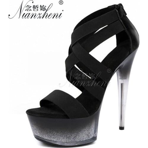 Models Stage Show Roman Hollow Flock Womens Platform Sandals 15CM Thin High Stripper Heeled Pole Dance Shoes 6 Inches Nightclub