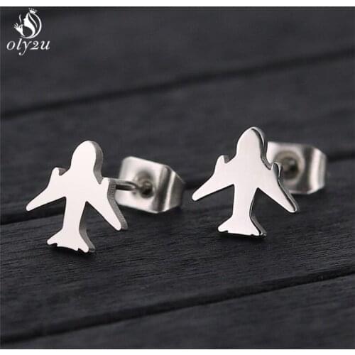 Oly2u Sweet Plane Stud Earrings Jewelry Luxury Stainless Steel Airplane Stud Earrings for Women Girls Christmas Decoration Gift