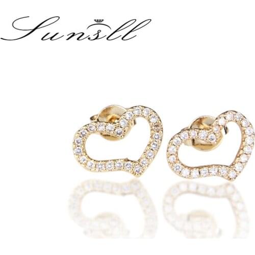 SUNSLL New Gold Copper White Cubic Zirconia Heart Stud Earrings for Girls/women Fashion Simple Mini Jewelry Earrings Gifts