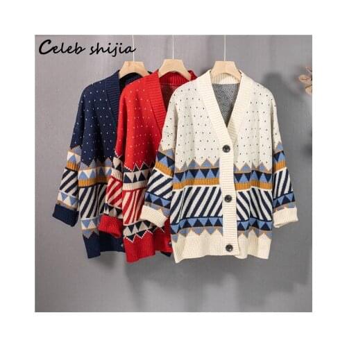 Autumn Wool Cardigan Woman V-neck Long-sleeve Red Argyle Sweater Female Winter Vintage Oversized Harajuku Knit Cardigan