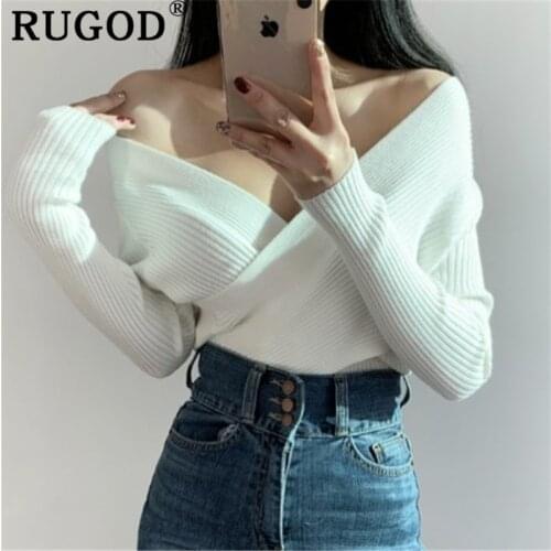 RUGOD Chic Sweater Women Solid Color Sexy Cross V-Neck Long Sleeve Slim Basic Knitted Jersey Female All Match Fashion Tide 2021