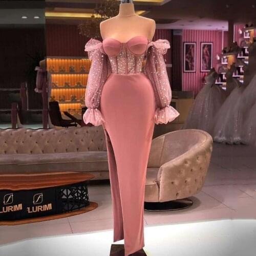 Black Pink Long Evening Dresses 2021 Puff Long Sleeve Glitter Sexy Prom Women Mermaid Party Dress Split Couture Robe de Soriee