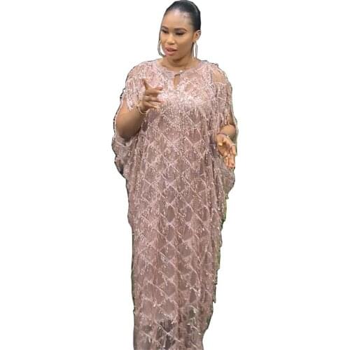 African Dresses for Women 2021 Spring 2 Piece Sets Plus Size Sequins Round Neck Dress Evening Party Dress African Clothes