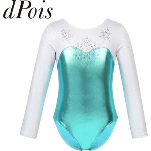 Kids Girls Long Sleeves Shiny Rhinestone Snowflake Metallic Bodice Ballet Dance Gymnastics Leotard Jumpsuit Child Dance Bodysuit