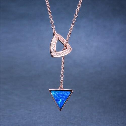 White Blue Fire Opal Triangle Stone Pendants Necklaces For Women Wedding Jewelry Vintage Fashion Rose Gold 925 Silver Necklace