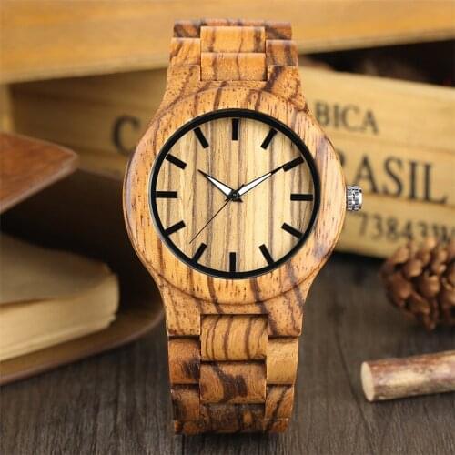 Natural Zebrawood Men Watch Quartz Movement Full Wooden Bangle Wristband Minimalist Black Scale Male Wood Timepiece