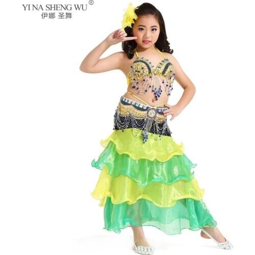 New Kids Belly Dance Costumes Set 2pcs Bra Belt Girls Dance Performance Clothing Child Oriental Dance India Bellydance Costume
