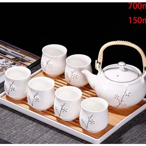 Ceramic household handle pot tea set complete set of Chinese modern office simple drinking teapot white porcelain teacup tea tra