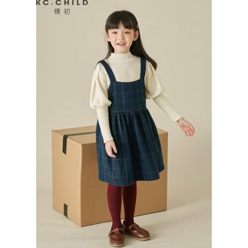 KC.Child Winter Girls Suspender Dress Babys Overalls Skin-friendly Soft Woolen Clothe Plaid British Style Age 2-14Y