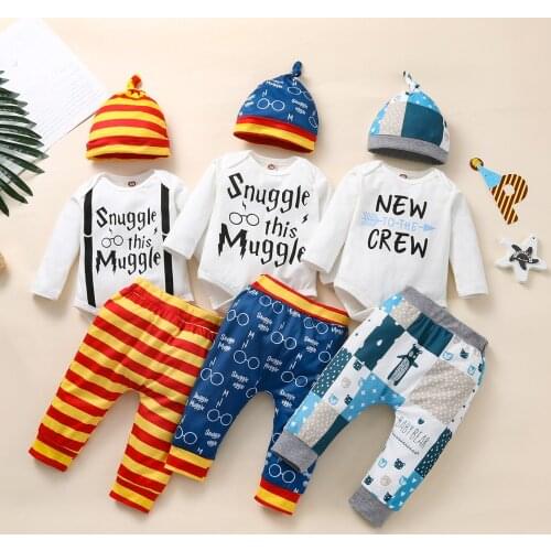 New Baby Boy Clothing Set Short Sleeved Letter Printing Top + Stripe Pants + Hat Newborn Casual Fashion Clothes 3pcs Suit
