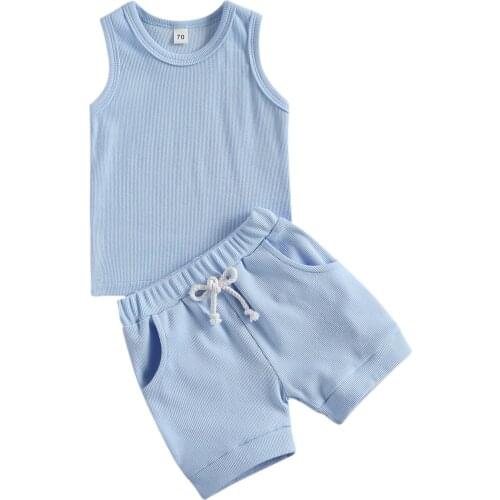 Newborn Baby Solid Color 2-piece Outfit Set O-neck Sleeveless Tops + Shorts Casual Summer Baby Clothing for Boys Girls 0-3Year