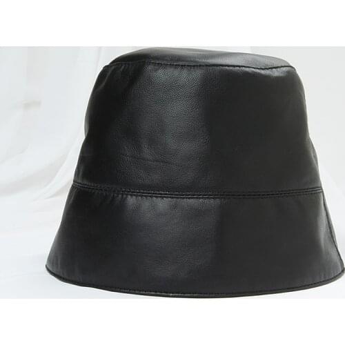 Leather Womens Fashion Young People Bucket Cap Hats Flat Top Sheepskin Black / Red / Yellow Brown