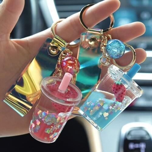 Creative Fashion Fruit Strawberry Milk Tea Keychain Personality Into Quicksand Cute Charm Keychain Ladies Car Pendant Keychain