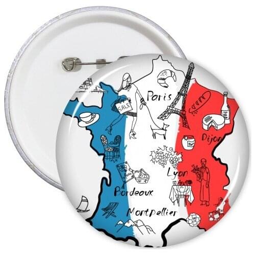 5pcs Map City France Mark Landmark National Flag Architecture Custom Landscape Illustration Pattern Round Pin Badge Button