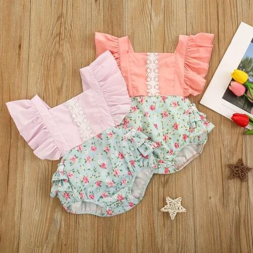 Summer Lovely Baby Girls Boys Rompers Flowers Print Lace Ruffles Short Sleeve Jumpsuits Headband 0-24M