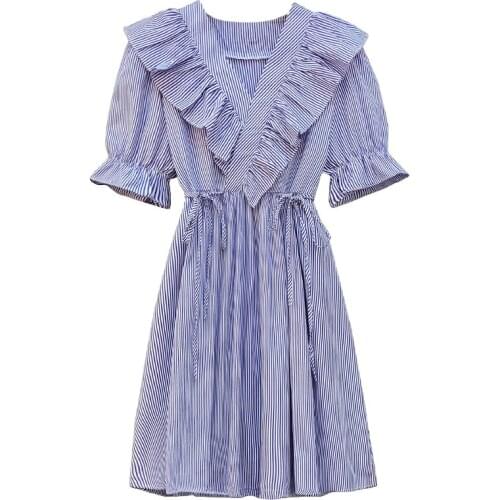 Cute Casual Plus Size Summer Dress Striped Robes V-neck Shirt Dress Women Sashes Office Vestidos Ruffles Women Clothes