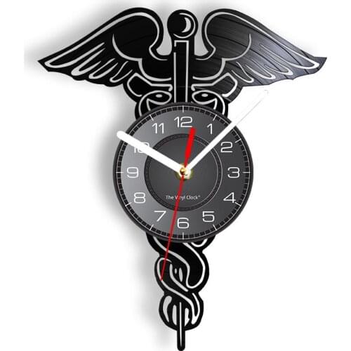 Medical Symbol Vinyl Album Record Wall Clock Health Snake Wings Wall Art Hospital Decor Timepieces Doctor Nurse Nursing Clock