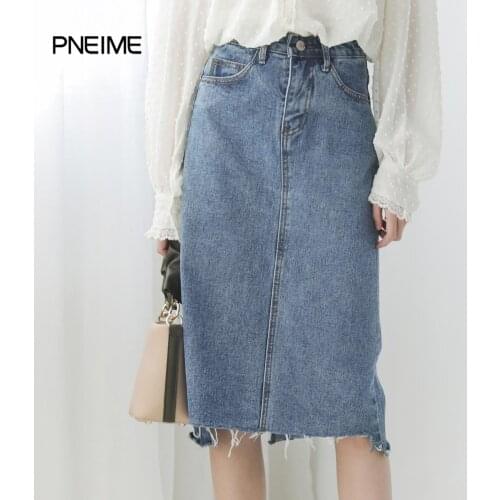 New Womens Large Size Mid-length Denim Skirt Womens Summer Skirt High Waist Pure Color Thinning Package Hip Skirt Long Skirt