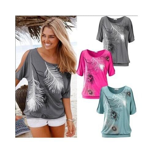 2020 New Feather Printed T-shirt Short Sleeve Tshirt Short Shoulder Collar Korean Clothes Plus Size Women Shirts Kawaii KSD017