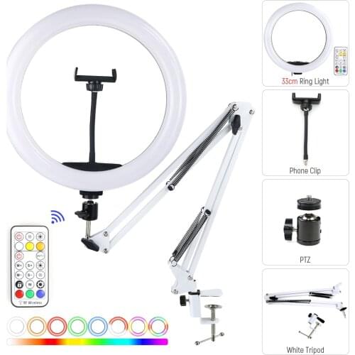 New LED Selfie RGB Ring Light With White Desk Long Arm Stand Phone Holder Dimmable Colorful Photography Light For Youtube