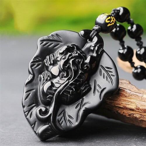 Natural Black Obsidian Pixiu Jade Pendant Necklace Chinese Hand-Carved Fashion Jewelry Accessories Amulet for Men Women Gifts