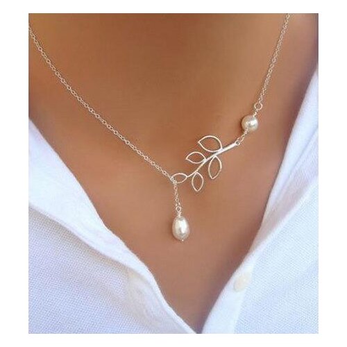 New Sparkling leaves Necklace 8 words Long Pearl Drop Women Pendants & Necklaces Wedding silver plated filled Jewelry